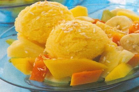 Sorbet parfumat de mango cu sos de ciocolata